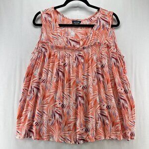 Basic Editions Tank Top Womens Sz L Tropical Shirred Crinkle Sleeveless Orange